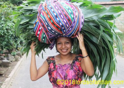 Wendy, of San Juan la Laguna carrying corn leaves. These can be used to feed the livestock, but more likely she will use them to wrap food.