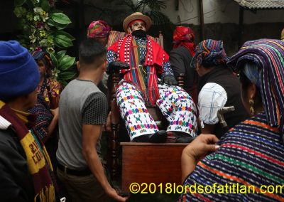 Spiritual guides from different regions bear Aloc Mam in his fiesta October 28th in Zunil. However, He wears clothing from San Pedro la Laguna, Sololá.